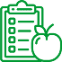 Green icon of a clipboard with a checklist and an apple.