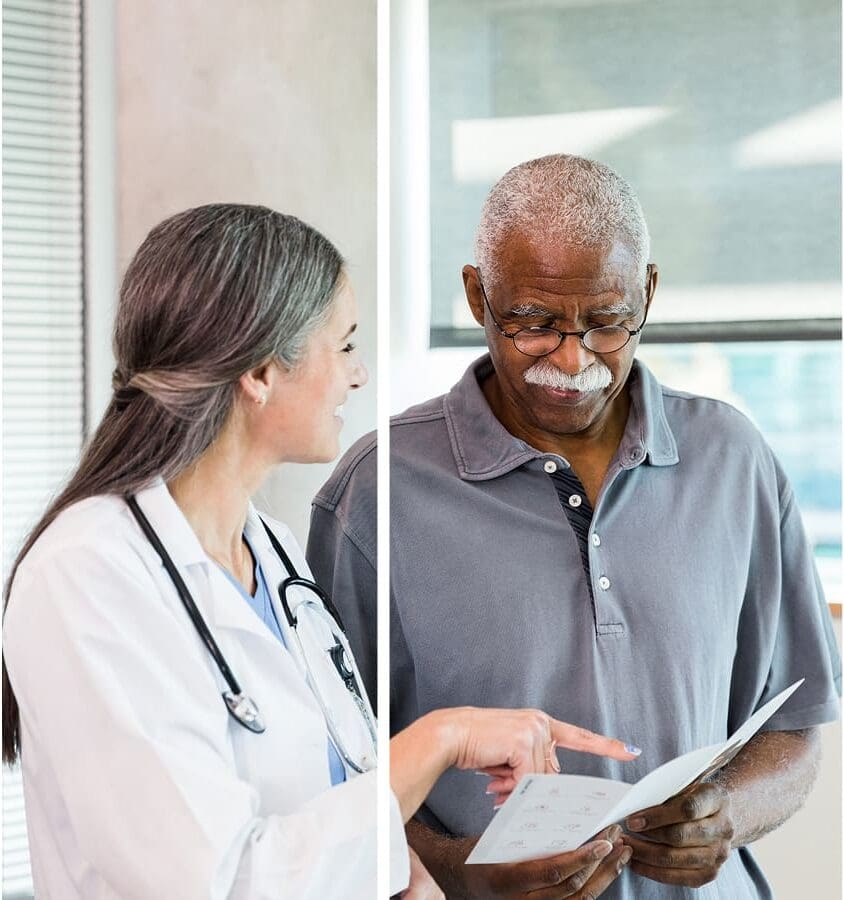 A doctor discussing medical information with an elderly patient.